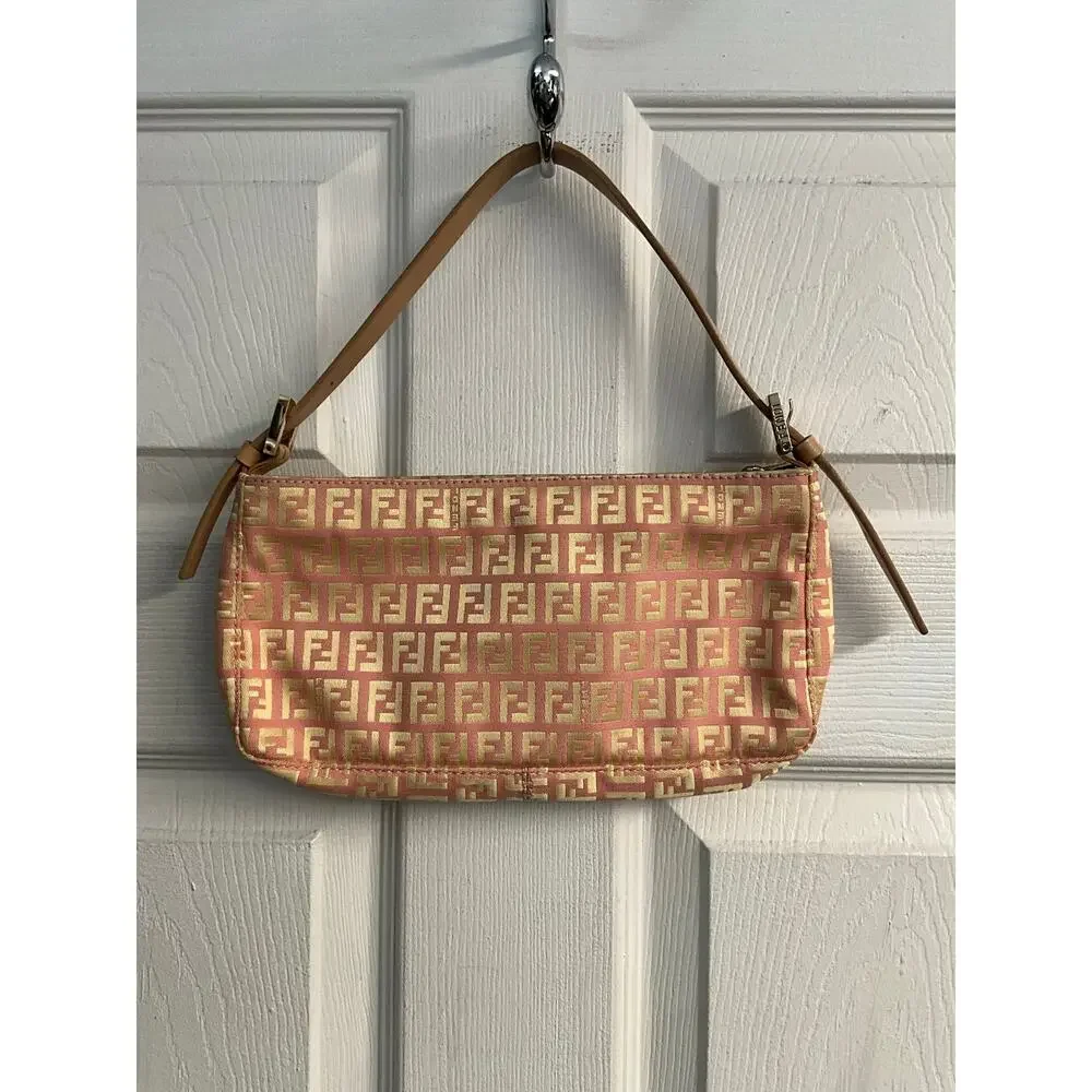 Fendi Vintage Pink Gold Zucchino FF Monogram Pochette Shoulder Bag